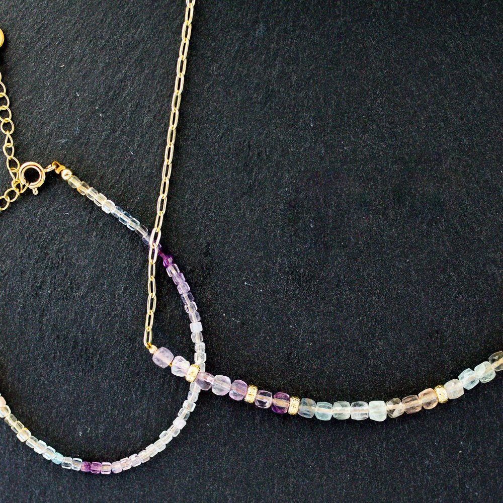 Pastel Gemstone Beaded Necklace Gold Paperclip Chain Waterproof Fluorite Crystal - Picture 7 of 13